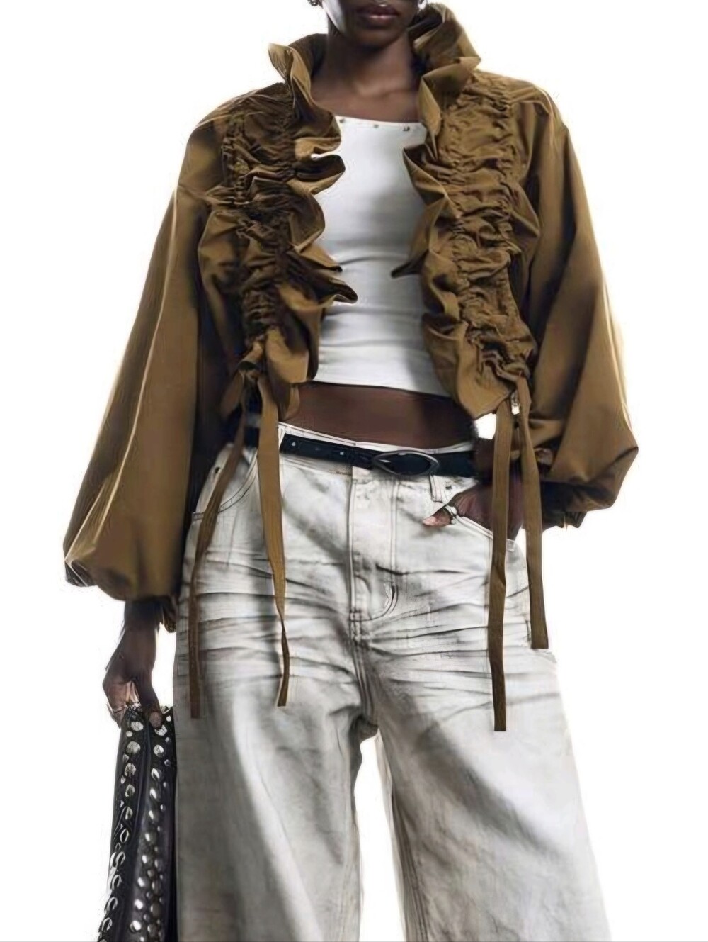 Women's Solid Color Long Sleeve Ruffle Drawstring Design Regular Jacket Office - Picture 4 of 9